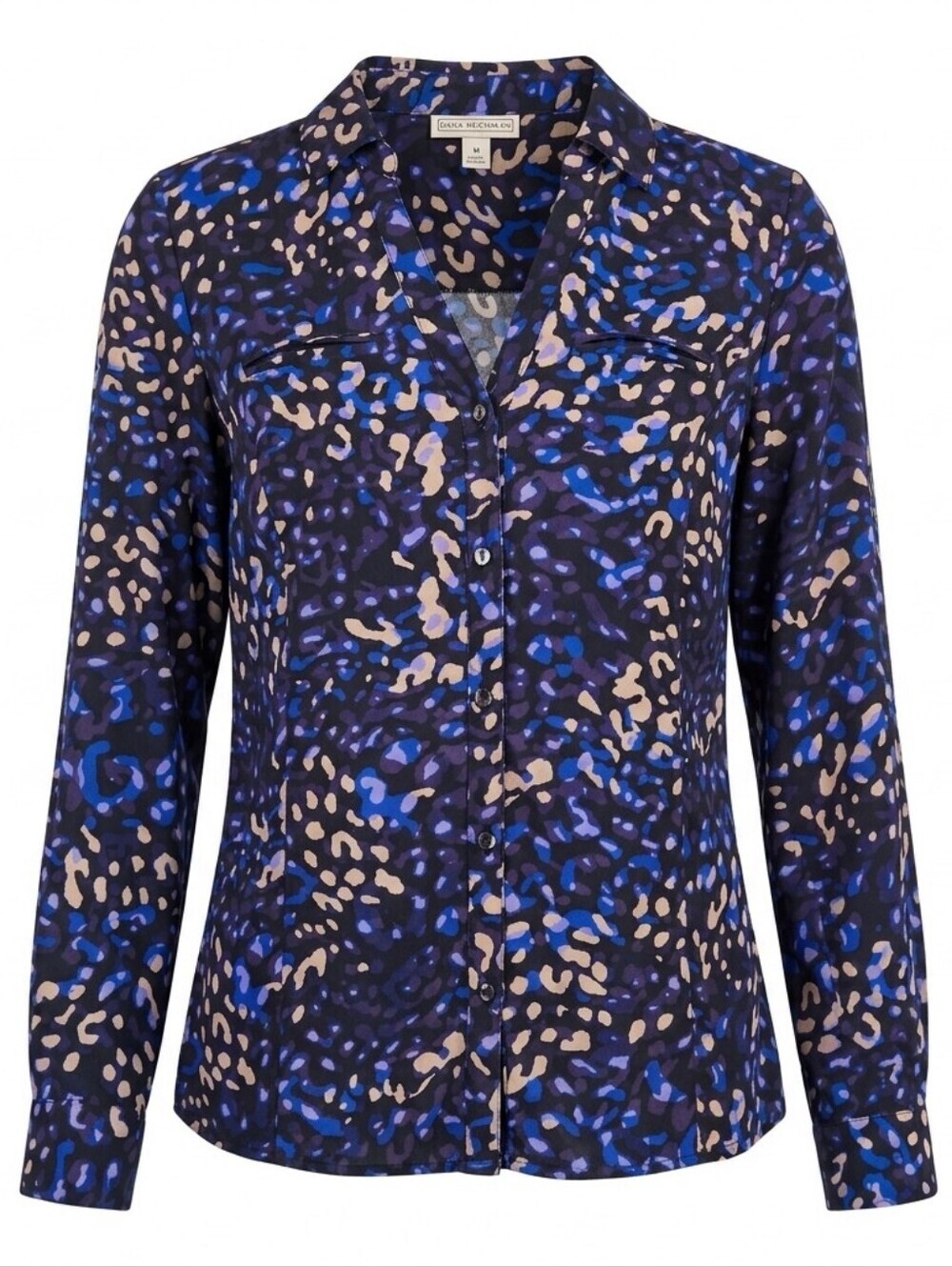 Dana Buchman Leopard Print Blouse Womens Blue Black Roll Tab Office Chic Top - Picture 1 of 6